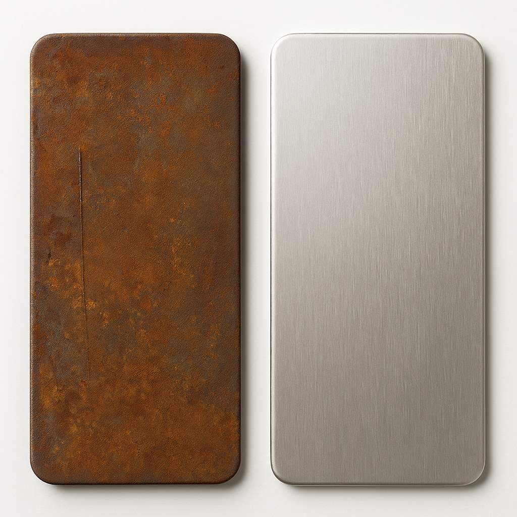 So sánh giữa thép đen bị rỉ sét và inox giữ bề mặt sáng sau thời gian sử dụng