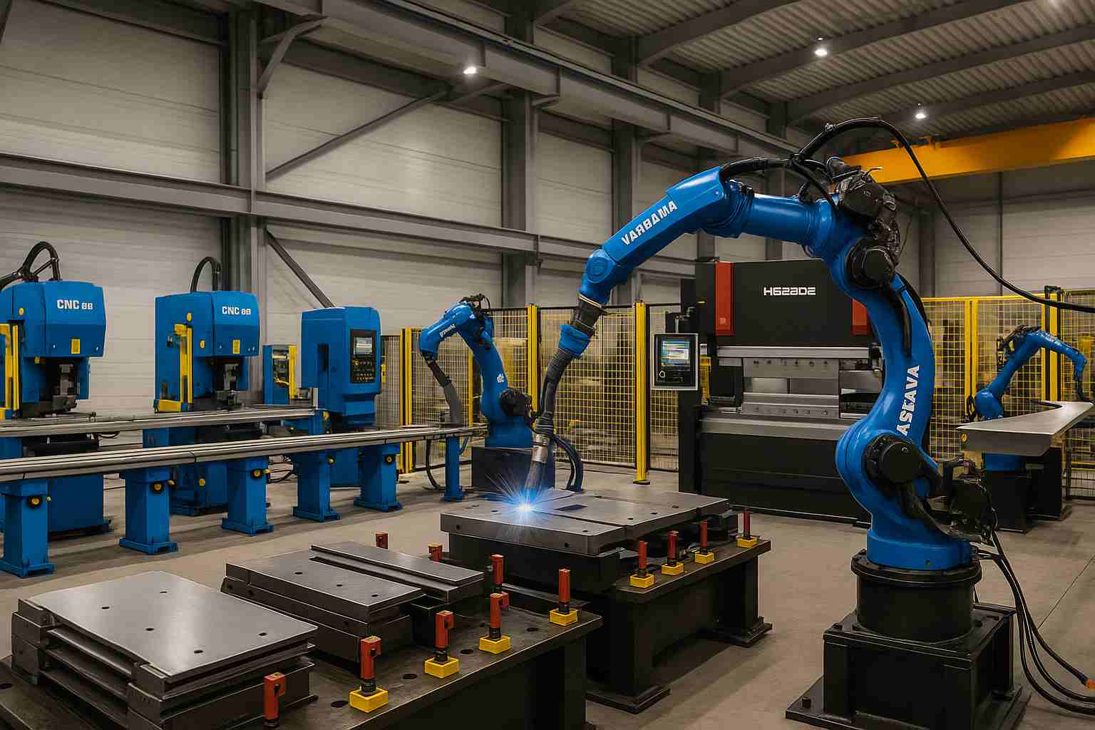 Dây chuyền sản xuất tự động tích hợp CNC, chấn gấp và hàn robot trong gia công thép